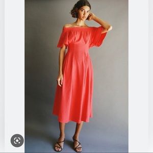 ZARA Pleated Rustic Dress Red/Coral Smocked Linen